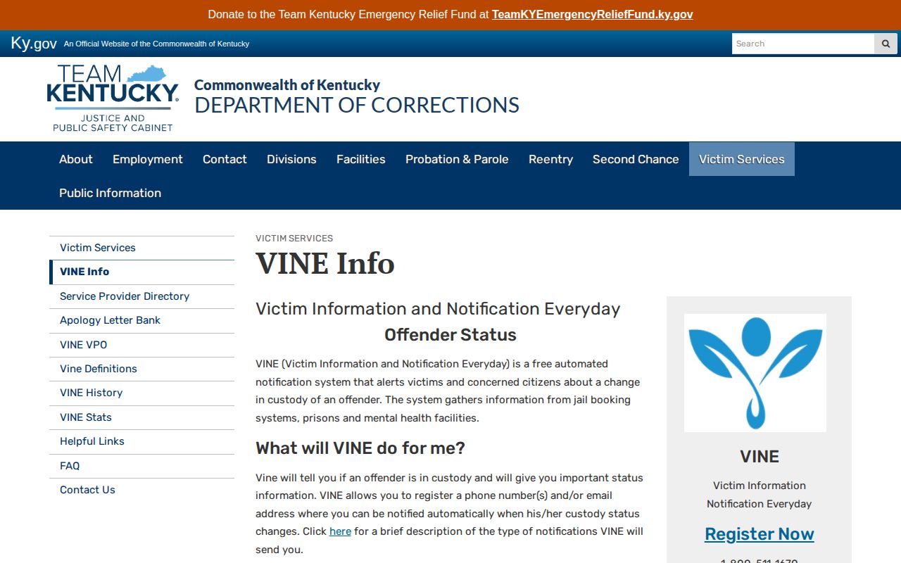 Official Kentucky VINE information for Trimble County custody notifications
