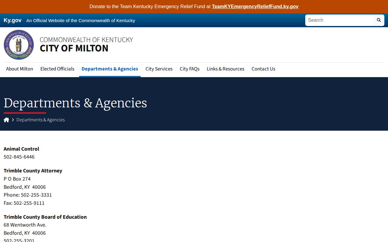 City of Milton departments page listing the Trimble County Sheriff and Kentucky State Police